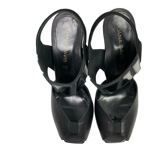 Dana Davis | Annie Black Leather Slingback Peep Toe Tall Heel Platform Sandals - Picture 2 of 9